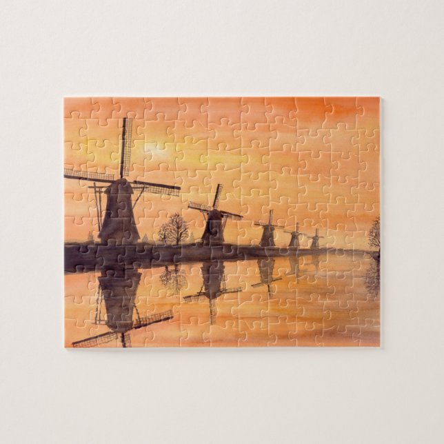 Windmühlen Sonnenuntergang - Aquarellmalerei Puzzle (Horizontal)