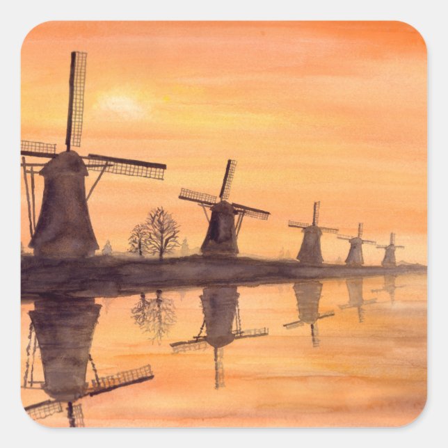 Windmühlen Sonnenuntergang - Aquarellmalerei Quadratischer Aufkleber (Vorderseite)