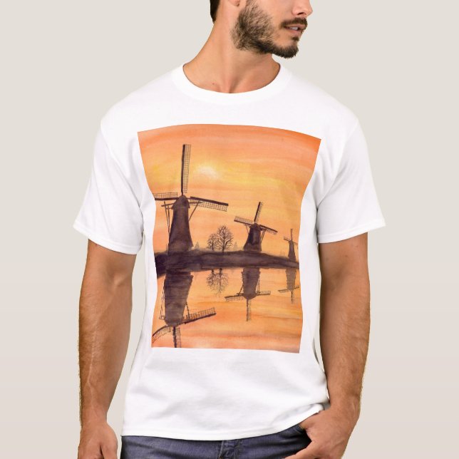 Windmühlen Sonnenuntergang - Aquarellmalerei T-Shirt (Vorderseite)