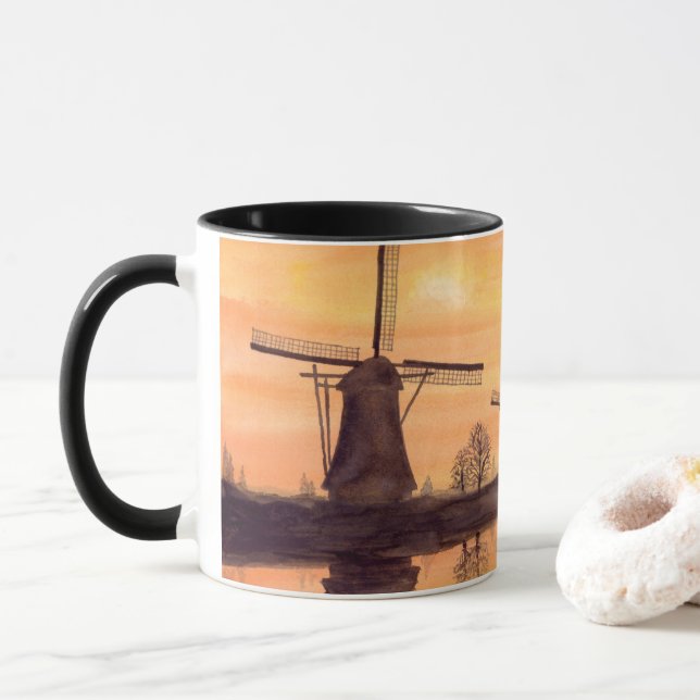 Windmühlen Sonnenuntergang - Aquarellmalerei Tasse (Mit Donut)