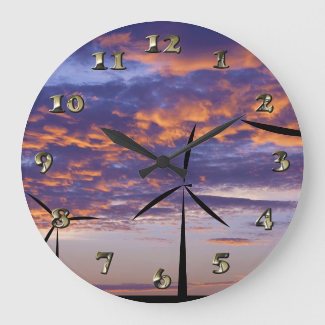 Windmühlen-Turbine am Sonnenuntergang Große Wanduhr (Vorderseite)