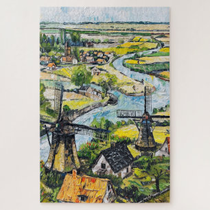 Windmühlen und Kirche am Fluss Fantasy-Malerei Puzzle
