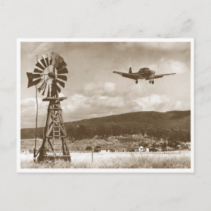 Windmühlen- und Vintage-Flugzeugfoto Postkarte