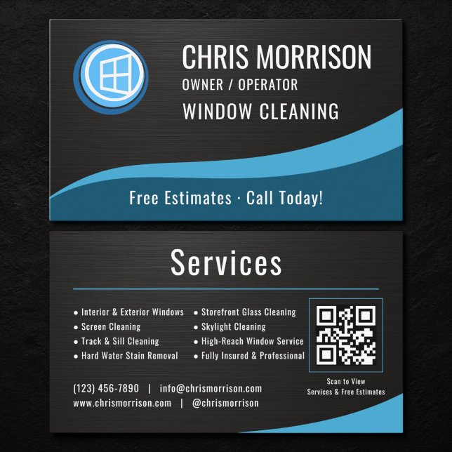 Window Cleaning QR Code Metallic Visitenkarte (Von Creator hochgeladen)