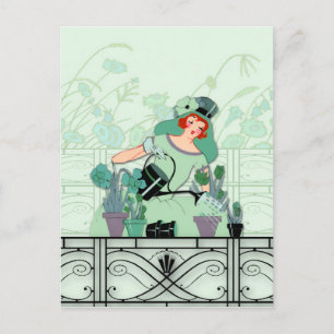 WINDOW GARDEN, ART DECO LADY: Seegrün Postkarte