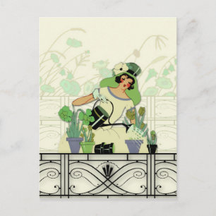 WINDOW GARDEN, ART DECO LADY: SOMMERGRÜNTÖNE POSTKARTE