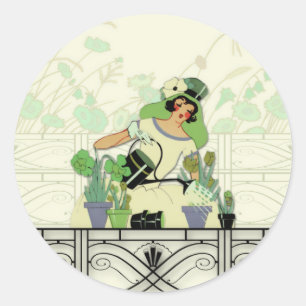 WINDOW GARDEN, ART DECO LADY: SOMMERGRÜNTÖNE RUNDER AUFKLEBER