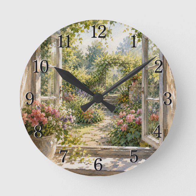Window & Garden Wall Clock — Charming Nature Desig Runde Wanduhr (Vorderseite)