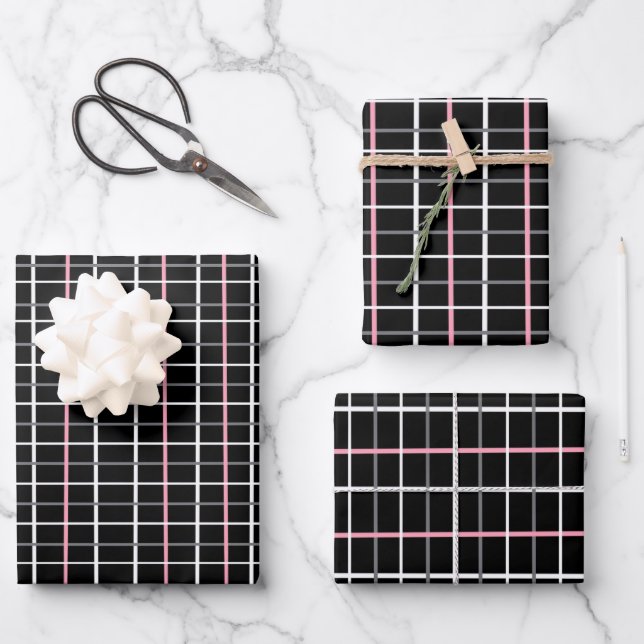 Window Pane Print in Black and White with Pink Geschenkpapier Set (Vorderseite)