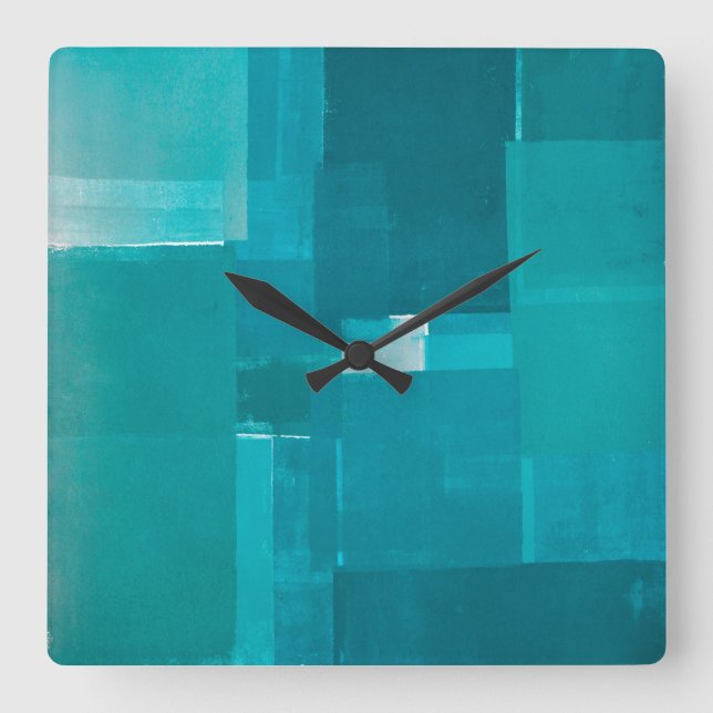 "Windows" Aquamarine Abstrakte Kunst Quadratische Wanduhr (Vorderseite)