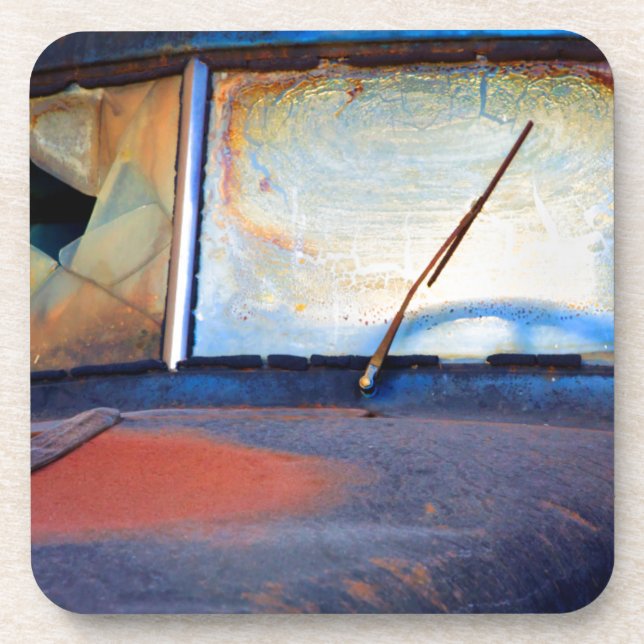 Windschutzscheibe eines alten rostigen Lastwagens Getränkeuntersetzer (Vorderseite)