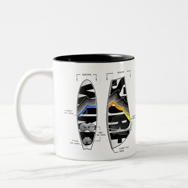 Windsurfausrüstung und Segelgrafik Zweifarbige Tasse (Links)