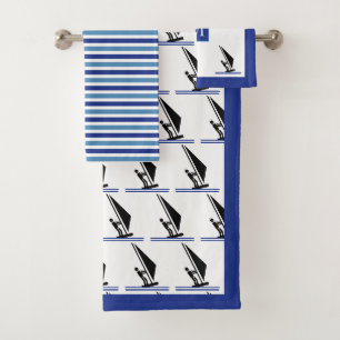 Windsurfer an Bord, Monogramm, Streifen Windsurfen Badhandtuch Set