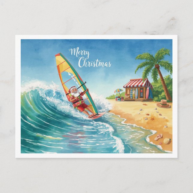 Windsurfing Santa Beach Christmas Card Feiertagspostkarte (Vorderseite)