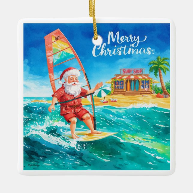 Windsurfing Santa Beach Christmas Card Keramikornament (Vorderseite)