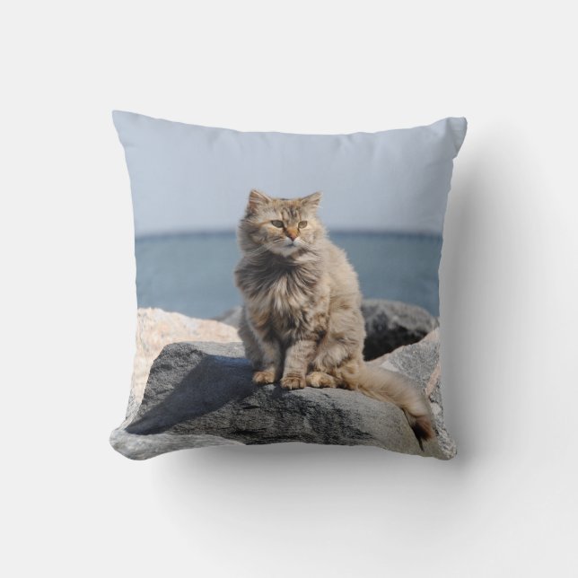 Windswept Cat by the Sea Cute Photo Kissen (Vorderseite)