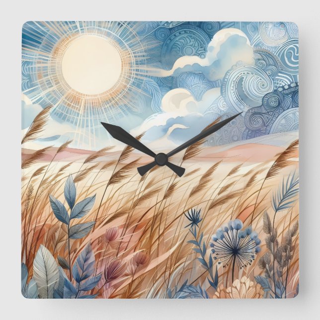 Windy Day Rustic Boho Mountain Prairie Country Quadratische Wanduhr (Vorderseite)