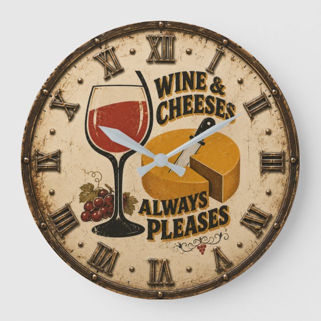 Wine and Cheese Always Pleases Rustic Kitchen  Große Wanduhr (Vorderseite)