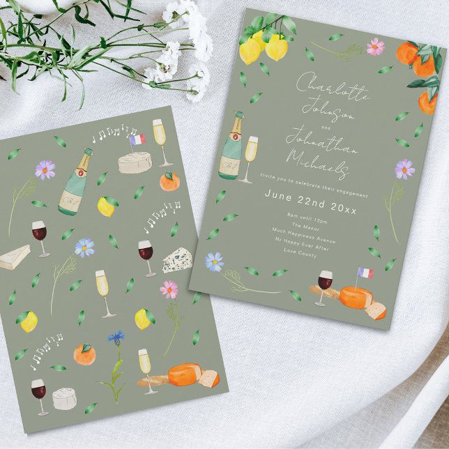 Wine and Cheese Boho French Engagement Party Einladung (Wildflower boho citrus wine and cheese sage green french destination wedding invitation )