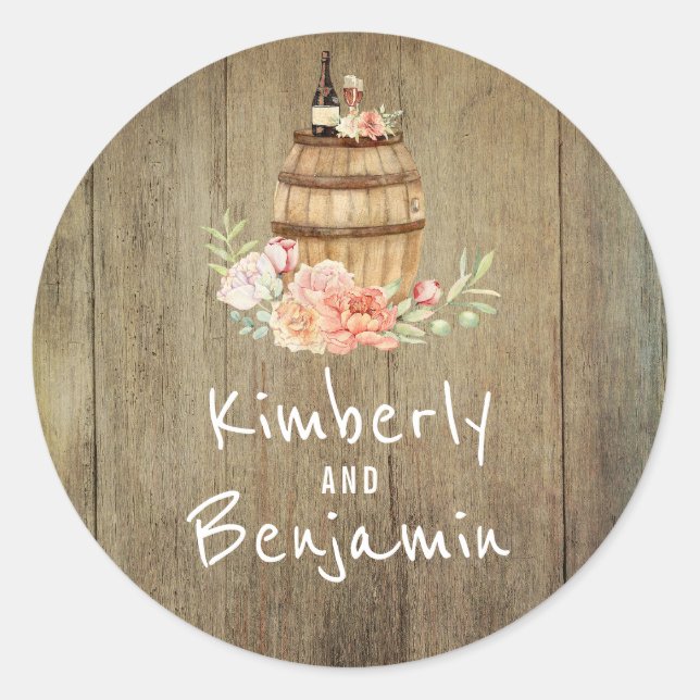 Wine Barrel Rustic Country Wedding Runder Aufkleber (Vorderseite)