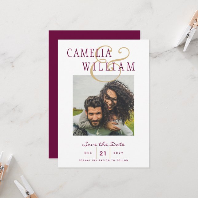 Wine Berry Gold Wedding FOTO Save the Date Einladung (Vorderseite/Rückseite Beispiel)