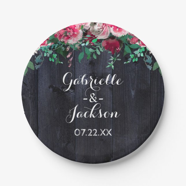 Wine Blush & Navy Wood Burgundy Wedgram Pappteller (Vorderseite)