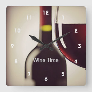 Wine Bottle and Glass Design Wall Clock Quadratische Wanduhr