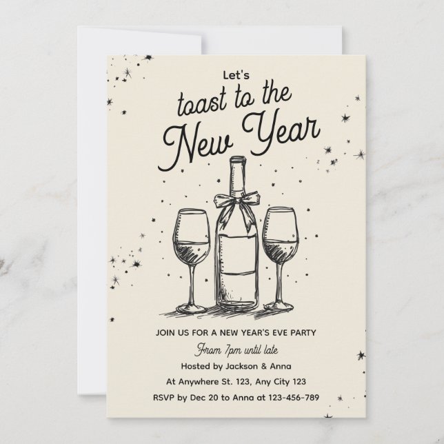 Wine Bottle and Glasses Hand Drawn New Year Party Einladung (Vorderseite)