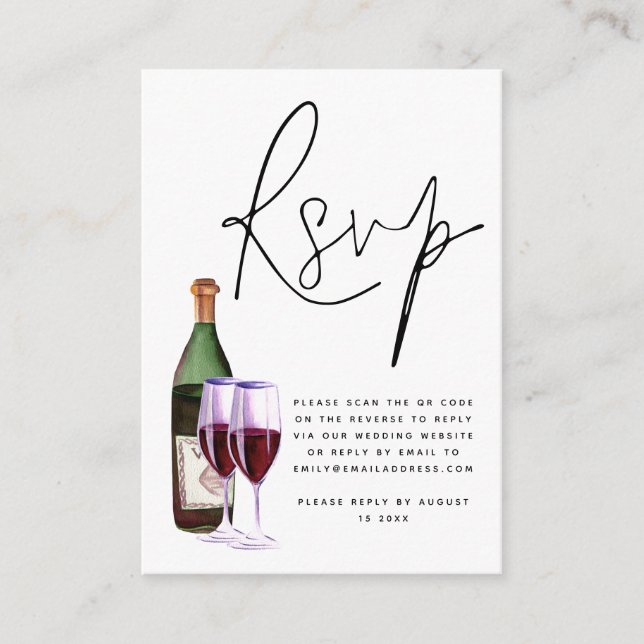 Wine Bottle Glass Script QR Code Wedding RSVP Begleitkarte (Vorderseite)