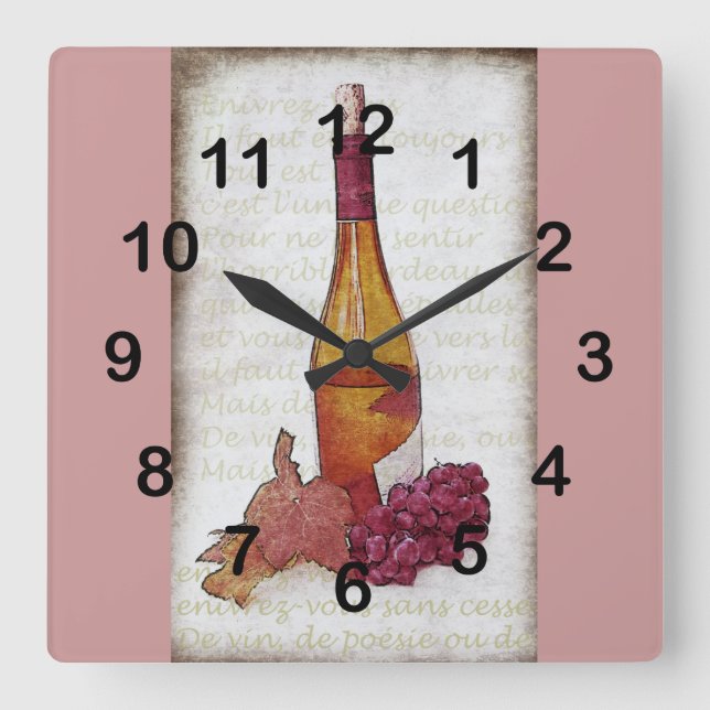 Wine bottle, Grape leaf Quadratische Wanduhr (Vorderseite)