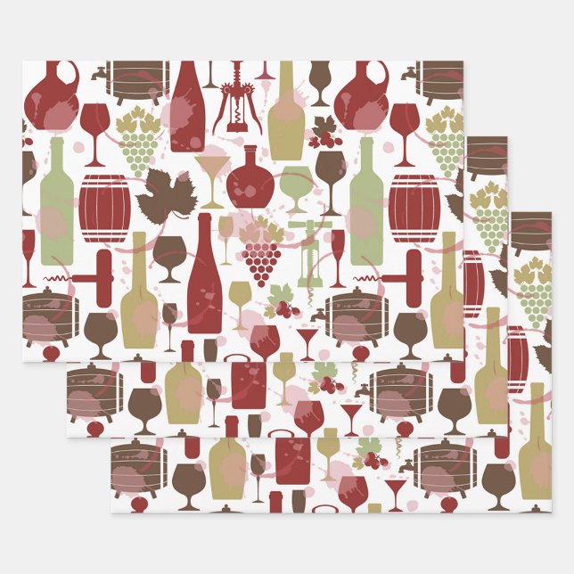 Wine Bottles Wrapping Paper Flat Sheet Set of 3 Geschenkpapier Set (Wine Wrapping Paper!)