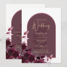 Wine Burgundy Rose Gold Text Wedding