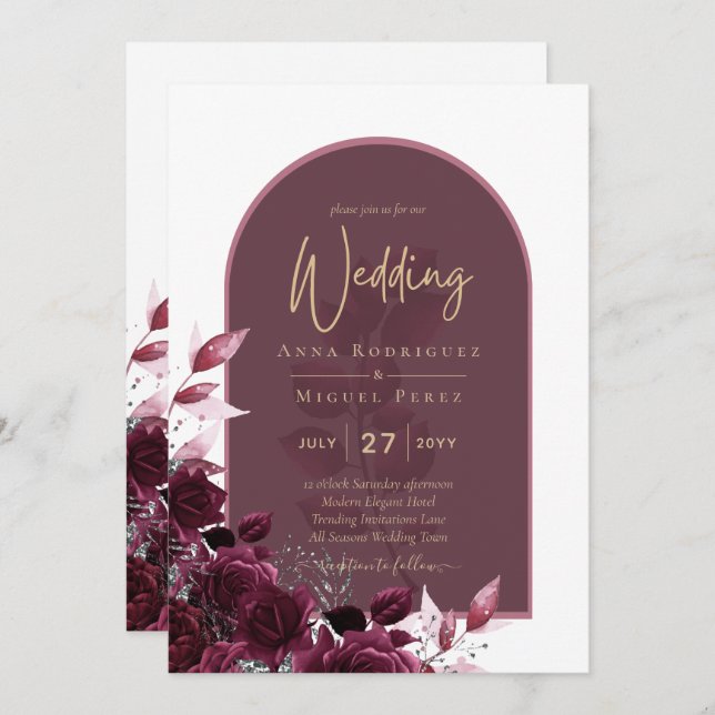 Wine Burgundy Rose Gold Text Wedding Einladung (Vorne/Hinten)