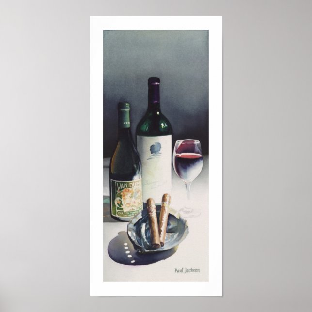 "Wine & Cigars" Stillleben Wasserfarbe Poster (Vorne)