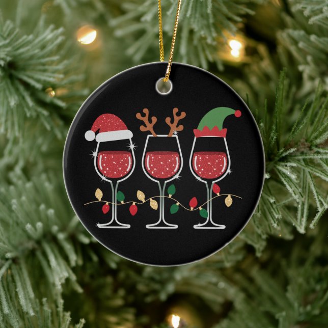 Wine Glass Christmas Lights Xmas Holiday Drinking Keramik Ornament (Baum)