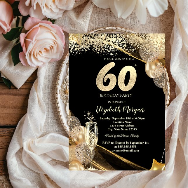 Wine Glass Gold Confetti Balloons 60th Birthday Einladung (Von Creator hochgeladen)