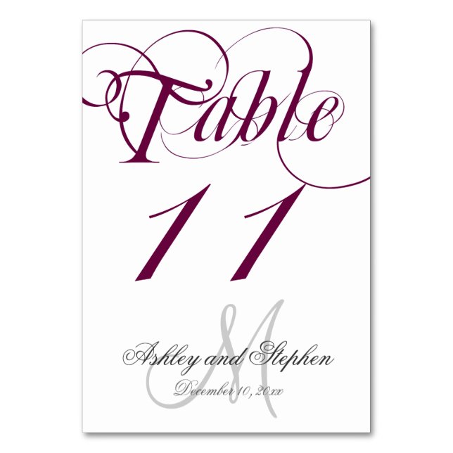 Wine Gray Monogram Wedding Tischnummer Card (Vorderseite)