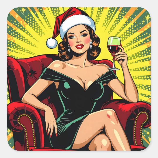 Wine Humor Retro Pop Art Christmas Quadratischer Aufkleber (Vorderseite)