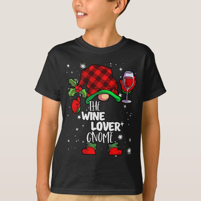 Wine Lover Gnome Red Buffalo Plaid Matching Family T-Shirt (Vorderseite)