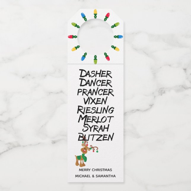 Wine Lover Reindeer Names Funny Christmas Flaschenanhänger (Vorderseite)