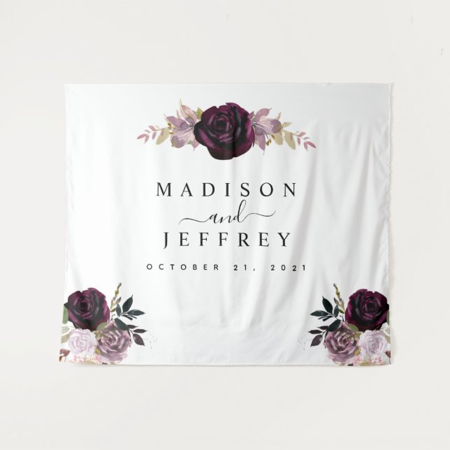 Wine Plum Mauve Fall Floral Wedding Background Wandteppich (Vorderseite (Horizontal))