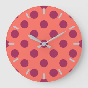 Wine red and living coral polka dots große wanduhr