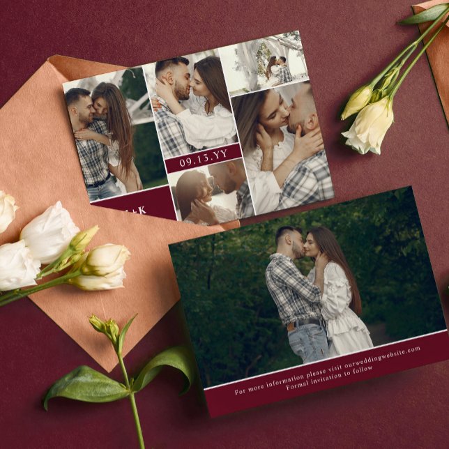 Wine Red Modern Initials & Fotos Save the Date (Von Creator hochgeladen)