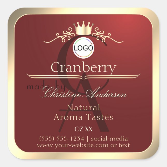 Wine Red Product Labels Gold Frame Logo Monogram Quadratischer Aufkleber (Vorderseite)