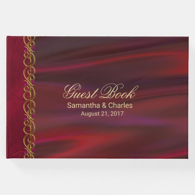 Wine Red Satin Look Wedding Guest Book Gästebuch (Vorderseite)