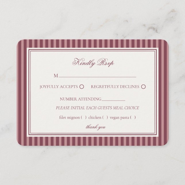 Wine Vineyard Club Old Money Striped Wedding RSVP Begleitkarte (Vorderseite)