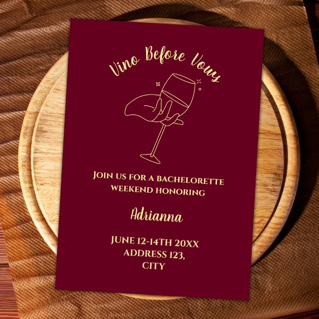 Wine Vino Vor Vows Bachelorette Einladung (Wine Vino Before Vows Burgundy And Gold Bachelorette Weekend Itinerary)