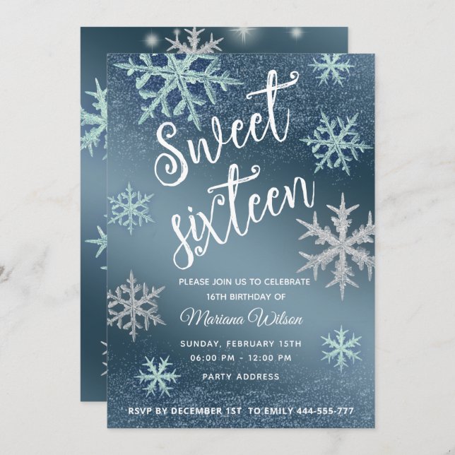 Winer Wunderland Shiny funkelnde blaue Schneeflock Einladung (Vorne/Hinten)