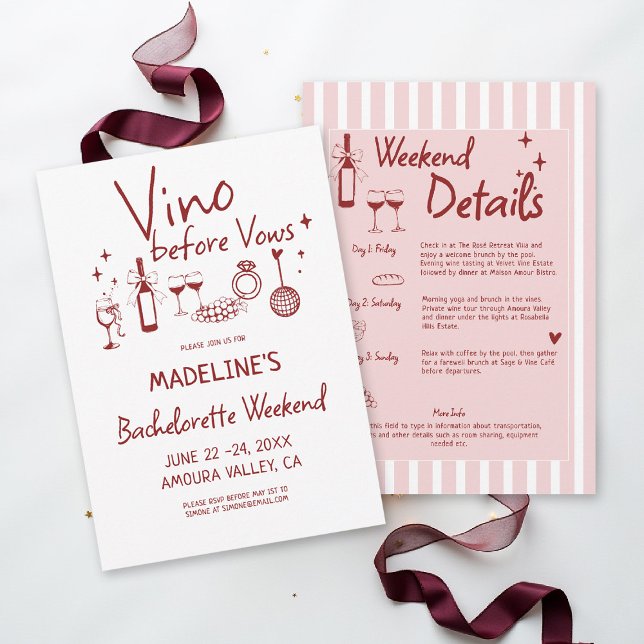 Winery Bachelorette Wine Tasting Stripes Itinerary Einladung (winery bachelorette party invitation wine tasting girls trip weekend burgundy red pink stripes napa )
