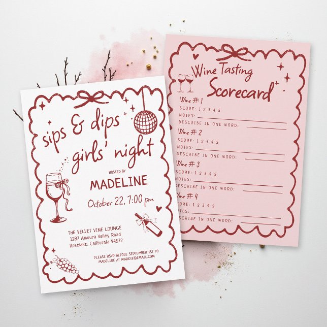 Winery Girls Night Out Weinverkostung Bewertungska Einladung (winery girls night out invitation wine tasting scorecard red burgundy pink napa sonoma country)